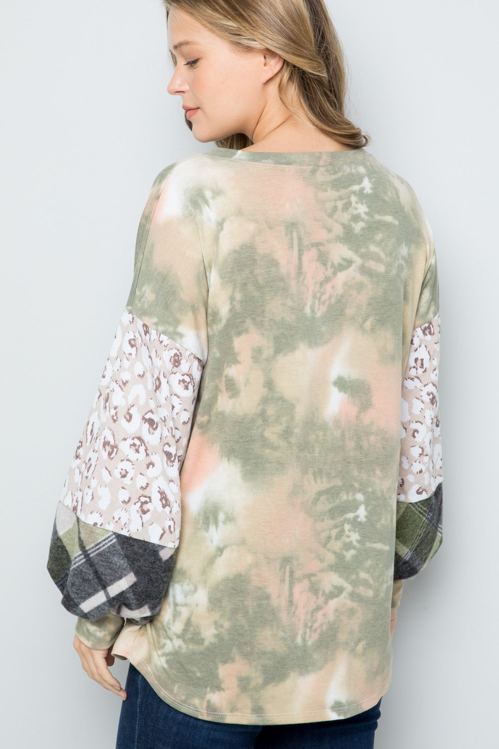 Celeste Olive Tie-Dye V-Neck Printed Sleeve Blouse