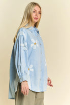 Davi & Dani Lightweight Denim Washed Daisy Patch Waffle Knit Shirt