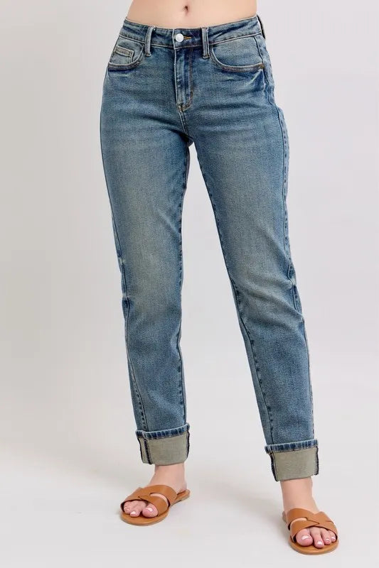 Judy Blue Mid Rise Vintage Wash Double Roll Cuff Boyfriend Jeans
