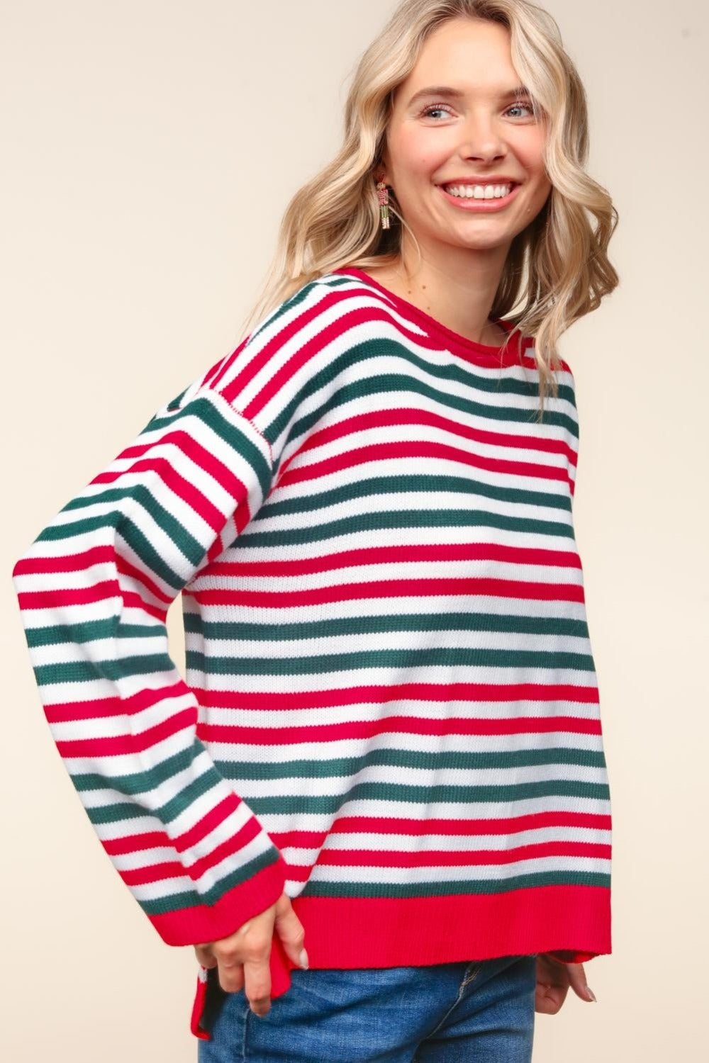 Haptics Red & Hunter Green Striped Contrast Side Slit Knit Top Trendsi