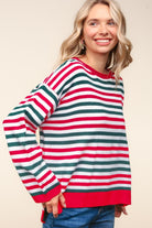 Haptics Red & Hunter Green Striped Contrast Side Slit Knit Top Trendsi