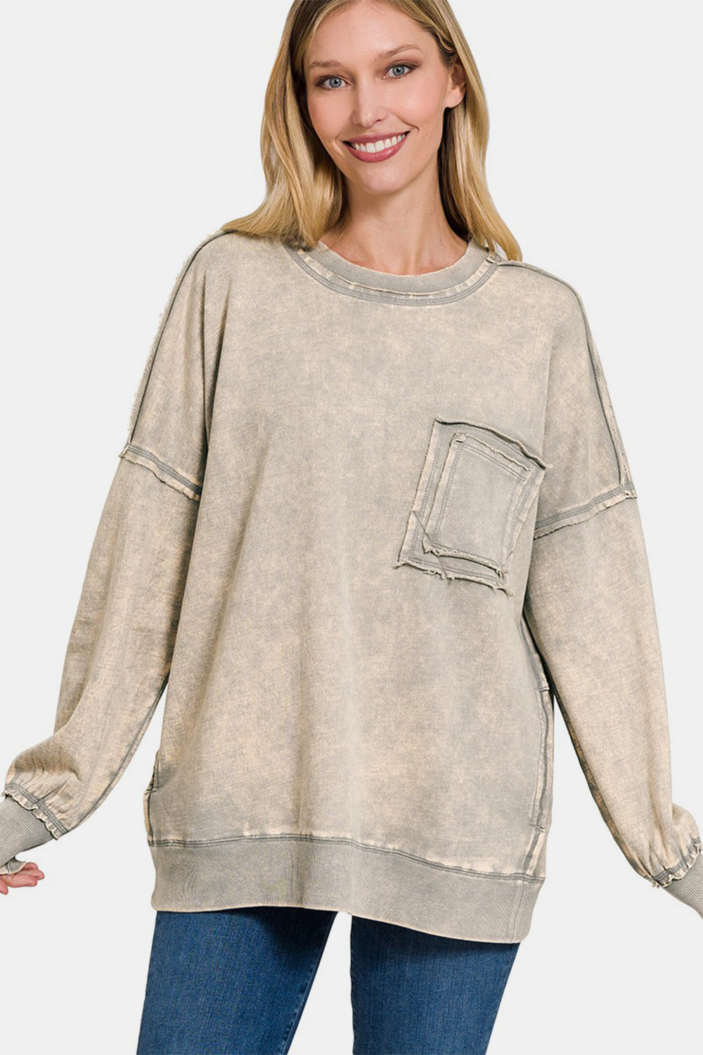 Zenana Sleet Acid Washed French Terry Exposed Seam Dropped Shoulder Sweatshirt Sleet Trendsi