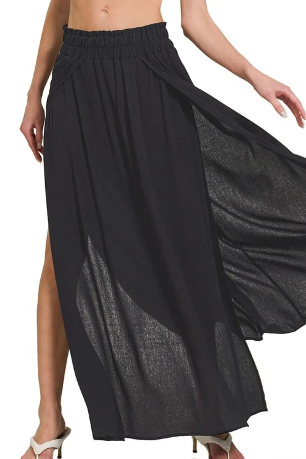 Zenana Black Woven Crinkle Gauze Long Skirt
