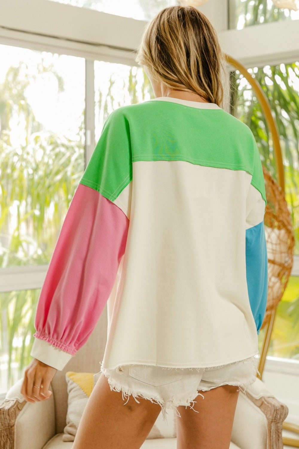 BiBi Ivory & Green Color Block Patched Long Sleeve Top Trendsi