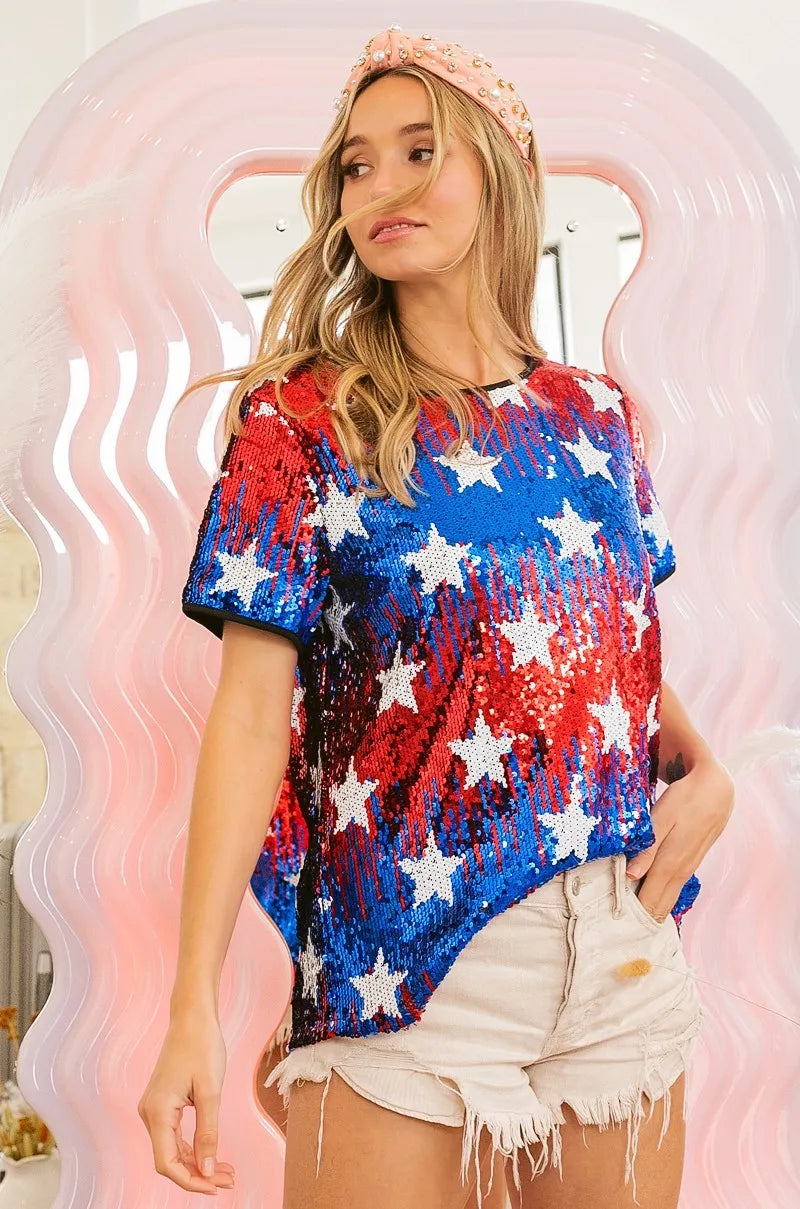 BiBi Red & Navy American Theme Star Pattern Sequin Top