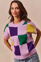 SO ME Mardi Gras Check Plaid Casual Sweater Top LAVENDER