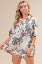 BiBi Oatmeal Leopard Print Short Sleeve Silky Satin Shirt Top OATMEAL