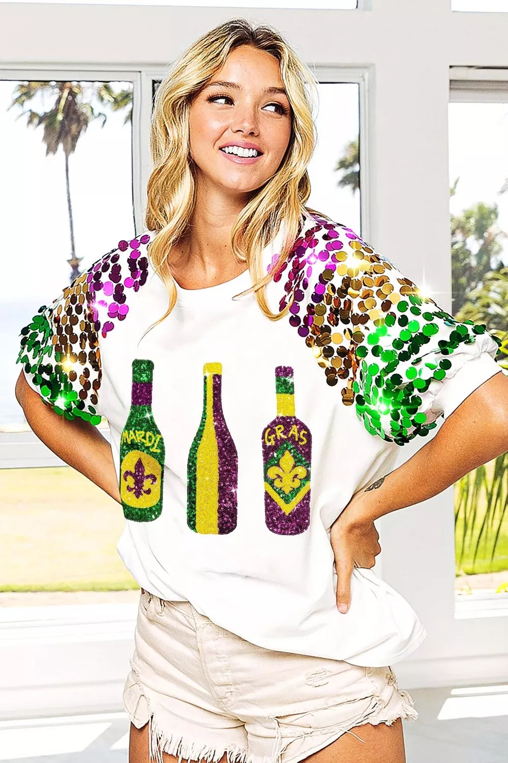 BiBi Sequin Mardi Gras Bottles Spangled Sleeve Top