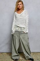 Stripe Off White Pattern V-Neck Long Sleeve Knit Top