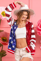 BiBi US Flag Theme Color Block Sequin Bomber Jacket Trendsi