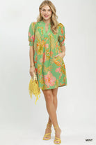 Umgee Mint Botanical Print Dress with Smocked Cuffs