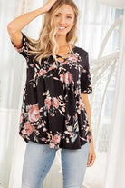 Heimish Crisscross Neck Floral Babydoll Top Black