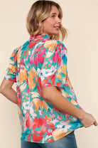 Haptics Perfectly You Mint Big Floral Frill Neck Back Button Blouse