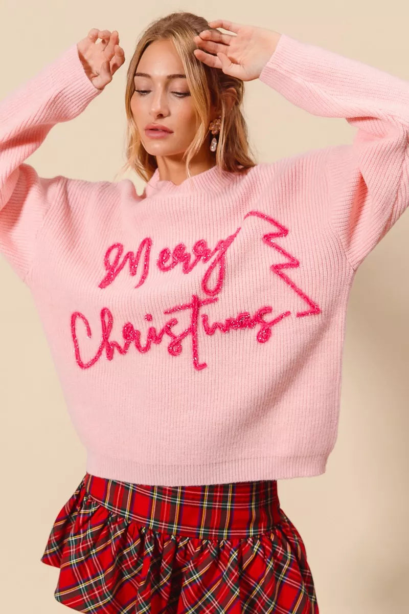 SO ME Pink Merry Christmas Tinsel Lettering Sweater
