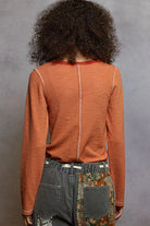 POL Dried Apricot Round Neck Long Sleeve Contrast Stitching T-Shirt with Stud Detail