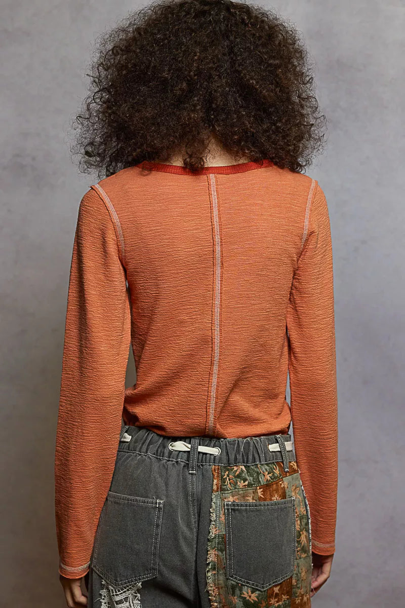 POL Dried Apricot Round Neck Long Sleeve Contrast Stitching T-Shirt with Stud Detail