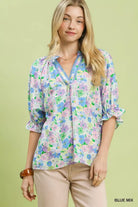 Umgee Blue Mix Floral Print Ruffle Top BLUE MIX