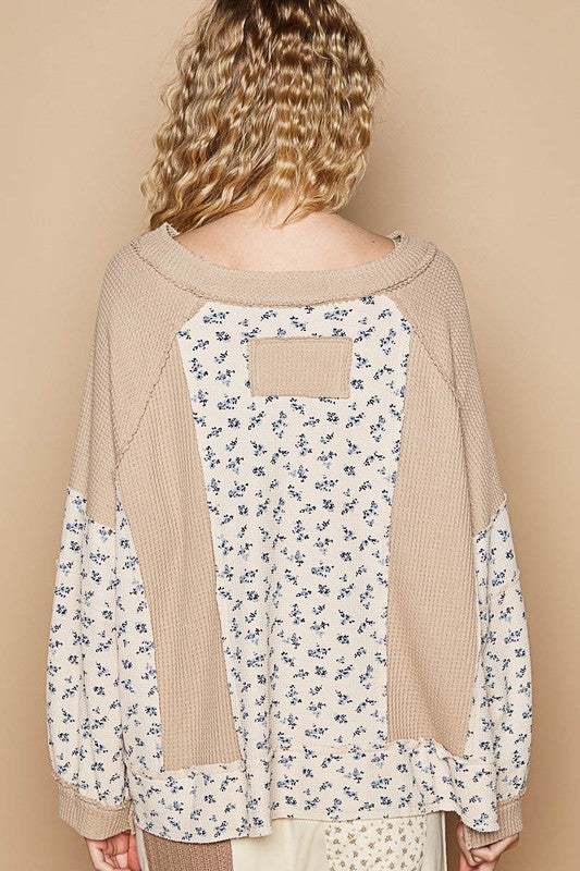 POL Waffle Knit Floral Notched Long Sleeve Top in Tan Shirts & Tops