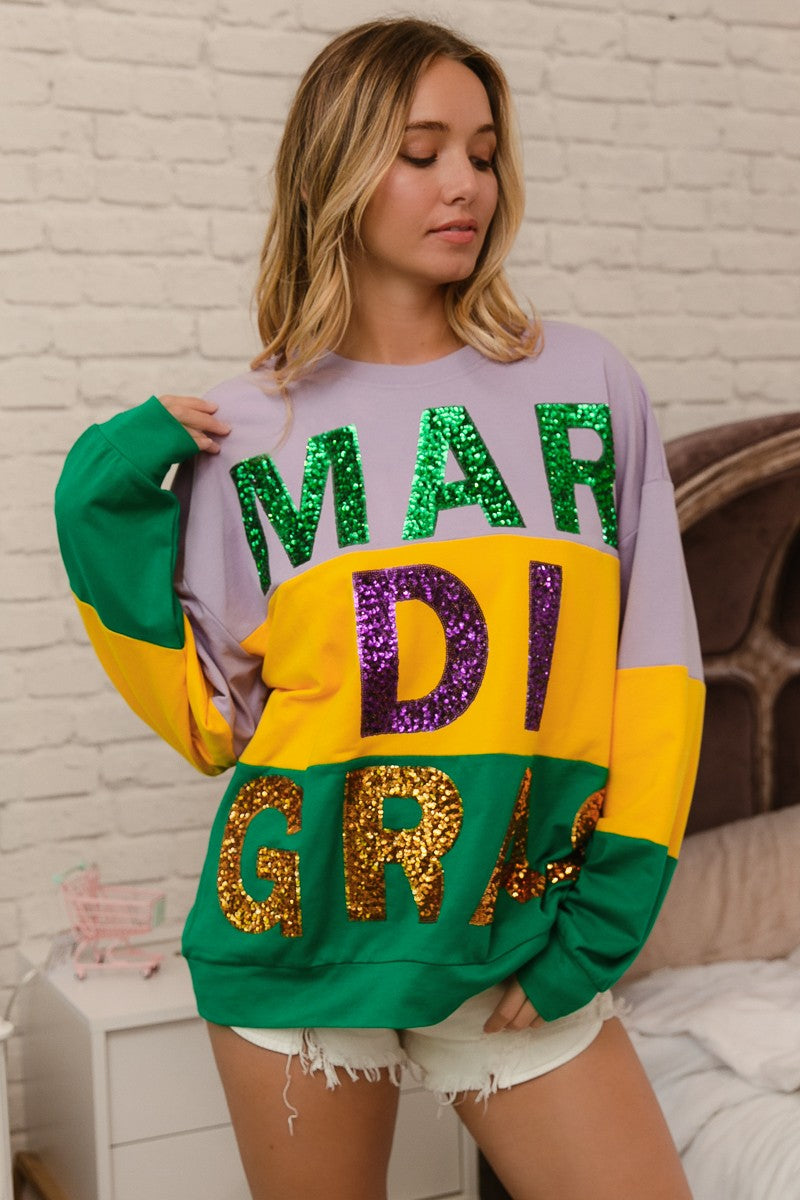 BiBi Sequin Mardi Gras Lettering Color Block Sweatshirt LAVENDER MUST GREEN