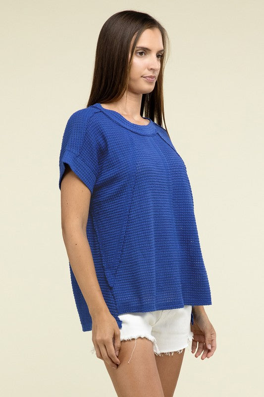 Zenana Brushed Waffle Exposed-Seam Short Sleeve Top ZENANA