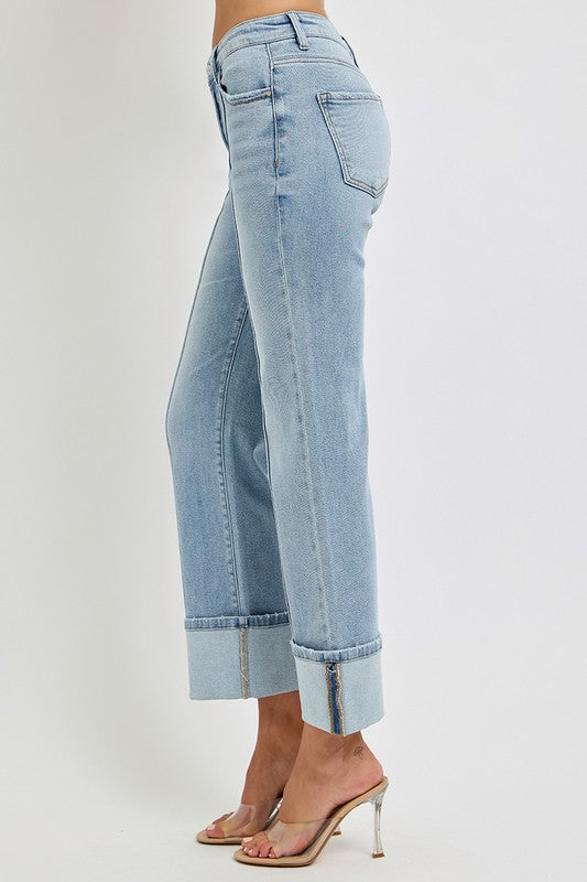 RISEN lPlus Size Light Washed Ankle Straight Leg Cuffed Jeans