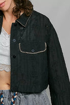 POL Cropped Button-Front Eyelet Cotton Jacket