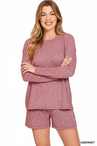 Zenana Cabernet Soft Melange Long Sleeve Tee and Shorts Set