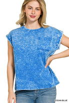 Zenana Ocean Blue Crinkle Washed Round Neck Folded Short Sleeve Tee OCEAN BLUE