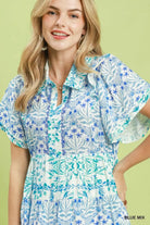 Umgee Blue Mixed Floral Tiered Mini Dress with Flutter Sleeves