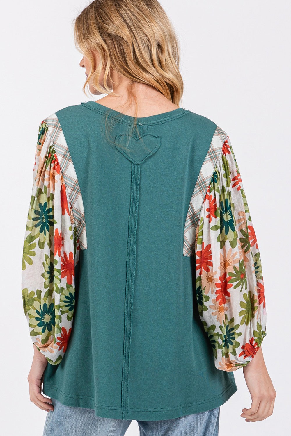 SAGE + FIG Teal Printed Balloon Sleeve Contrast Top Trendsi