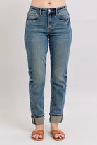 Judy Blue Mid Rise Vintage Wash Double Roll Cuff Boyfriend Jeans MD