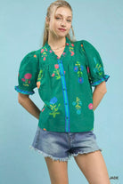 Umgee Jade Petal Parade Print Button-Down Blouse JADE