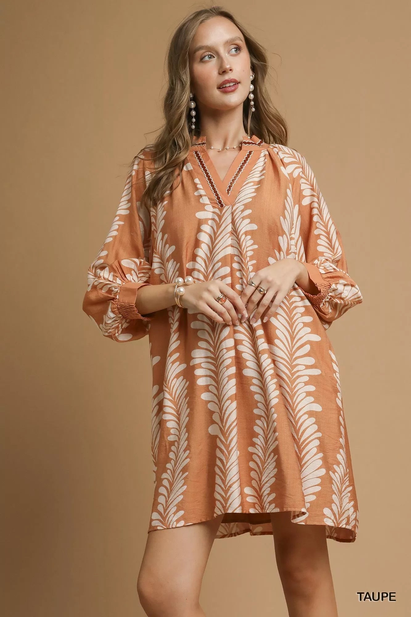 Umgee Taupe Leaf Print Notched Mini Babydoll Dress TAUPE