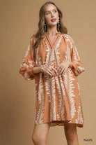 Umgee Taupe Leaf Print Notched Mini Babydoll Dress TAUPE