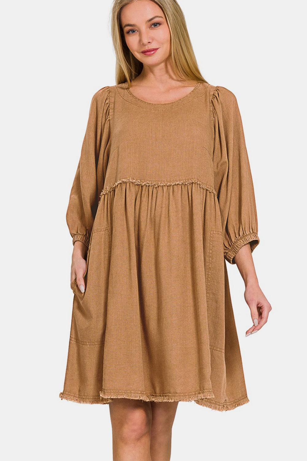 Zenana Deep CamelWashed Linen Pleated Puff Sleeve Babydoll Dress Deep Camel Trendsi