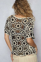 POL Black & Beige Openwork Short Sleeve Crochet Knit Top with Weave Knit Patterns