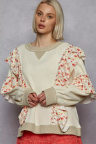 POL Powder Cream Round Neck Sweater with Floral Ruffle Detail