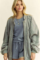 Davi & Dani Gray Raw Edge Waffle Framed Exposed Seam Zip Up Dropped Shoulder Jacket Grey Coats