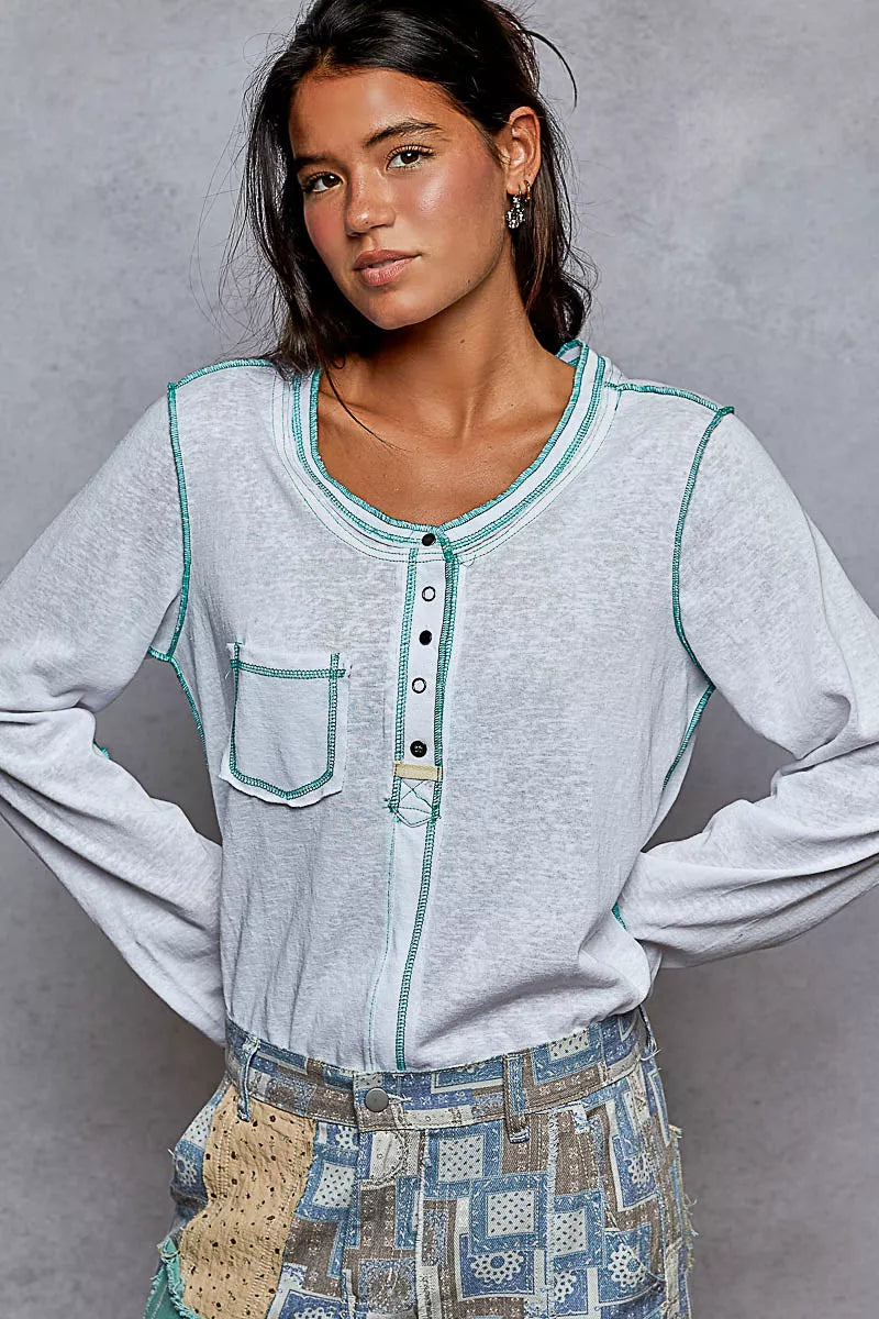 POL Off White Round Neck Long Sleeve Top with Contrast Stitching OFF WHITE