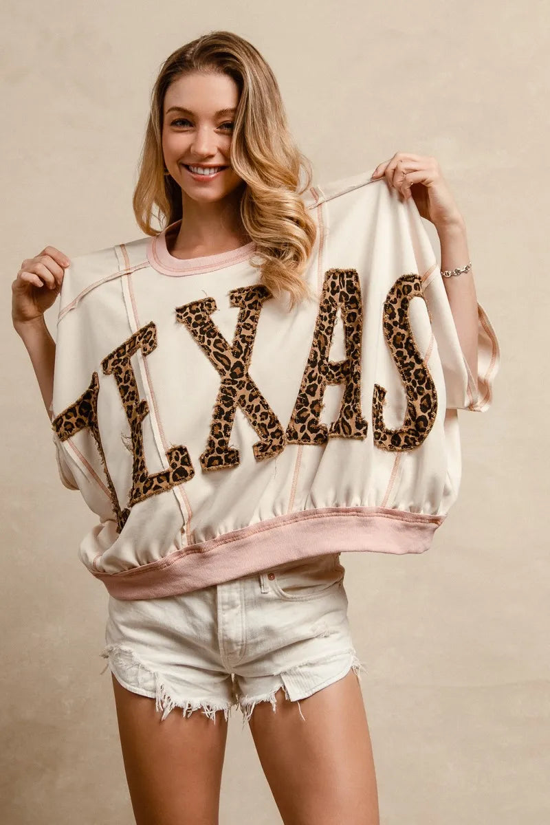 BiBi Oatmeal & Rose Leopard Print Texas Patchwork Overlock Stitch Top