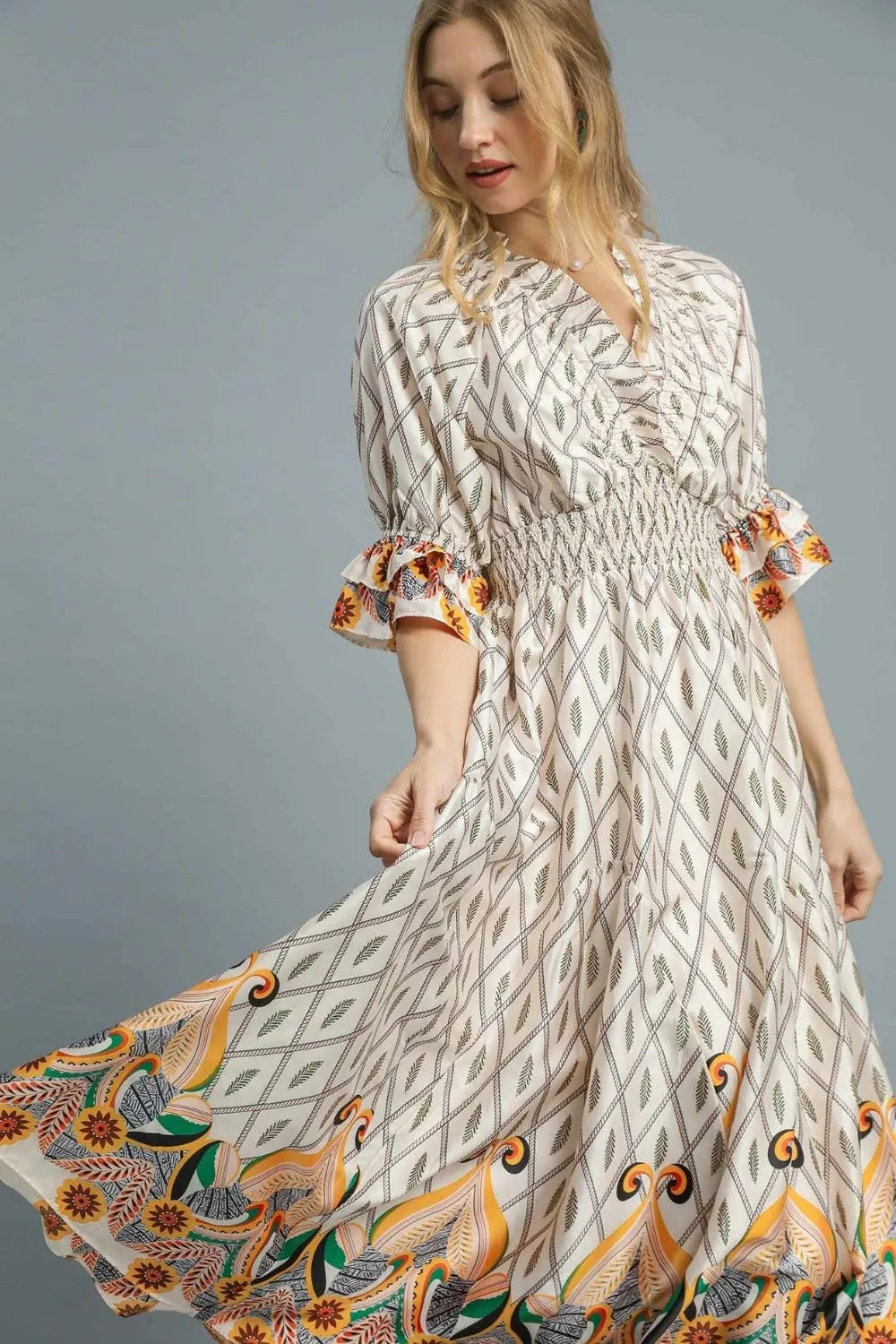 Umgee Boho Printed Smocked Waist Maxi Dress