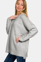 Zenana Grey High-Low Hem Drop Shoulder Sweater Trendsi