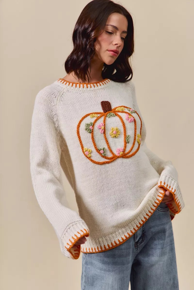 SO ME Pumpkin Floral Embroidered Thanksgiving Sweater
