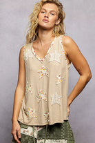 POL Wheat Beige Washed Ribbed V-Neck Tank with Floral Print Star Patch