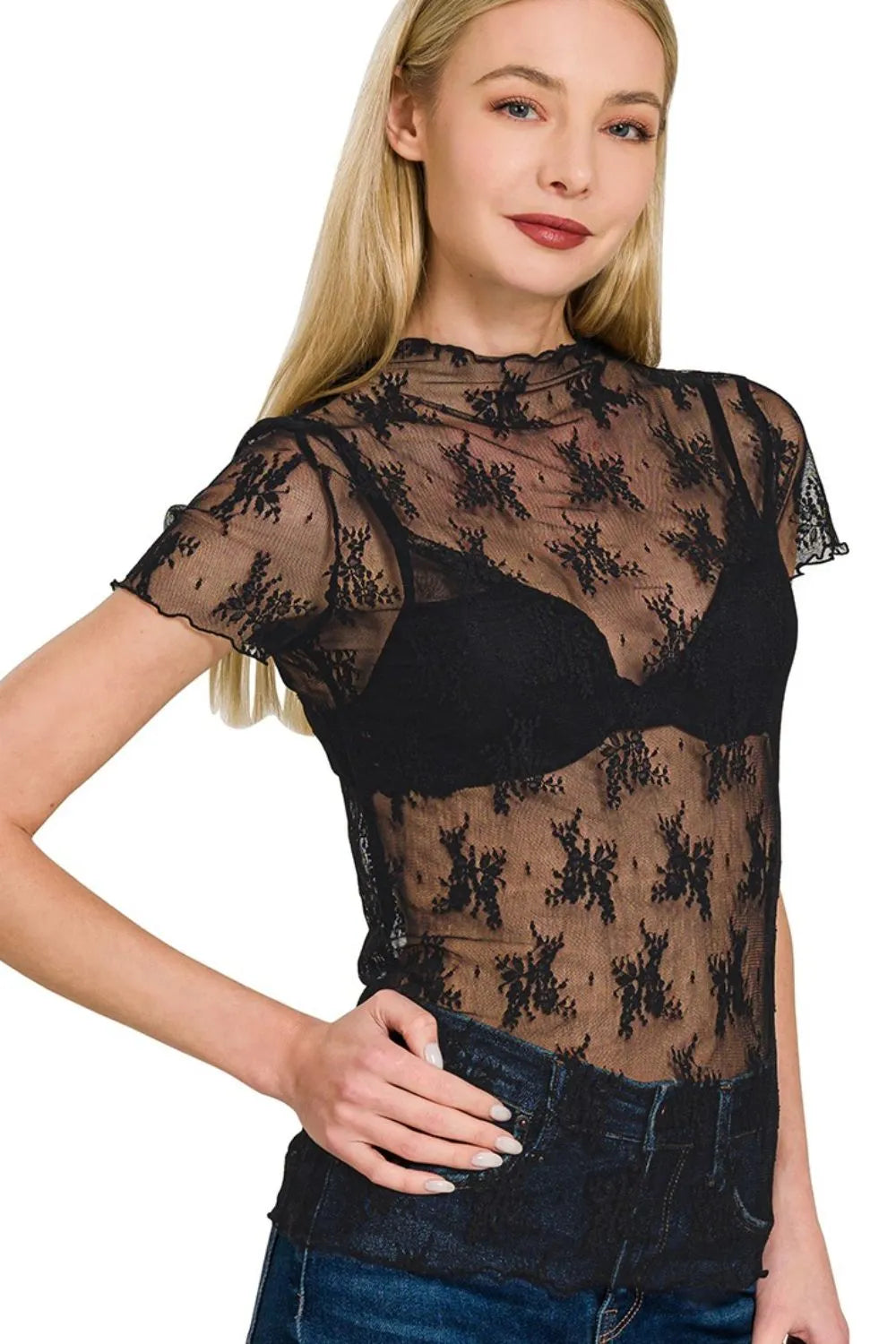Zenana Black Lace See-through Layering Short Sleeve Top