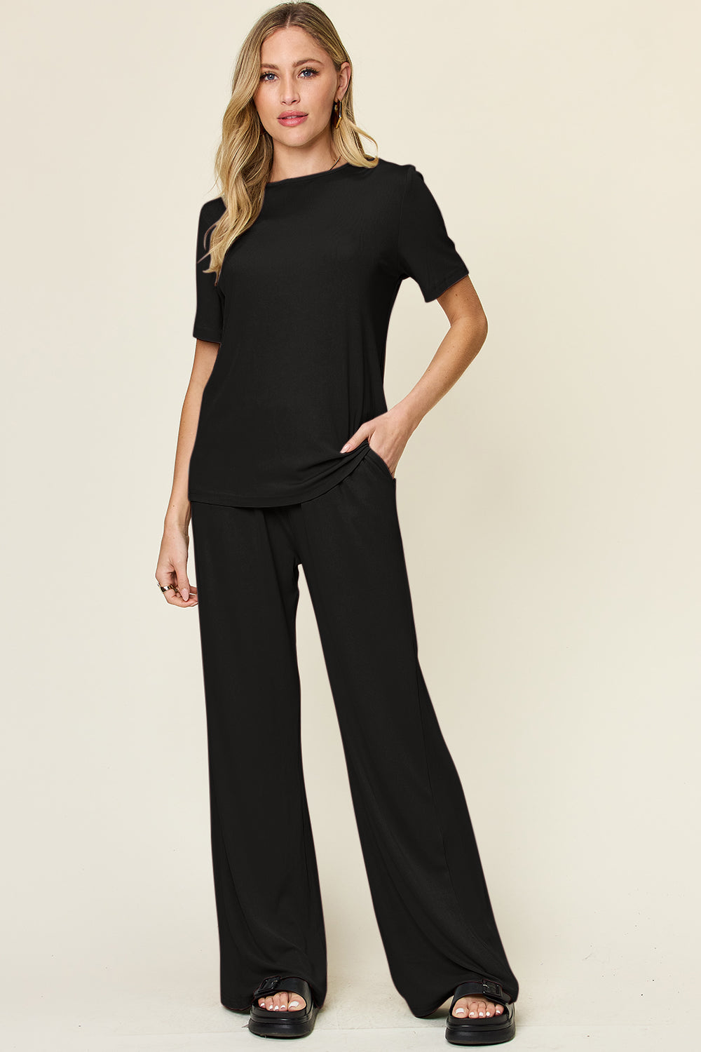 Double Take 4 Colors Round Neck Short Sleeve T-Shirt and Wide Leg Pants Set Black Trendsi