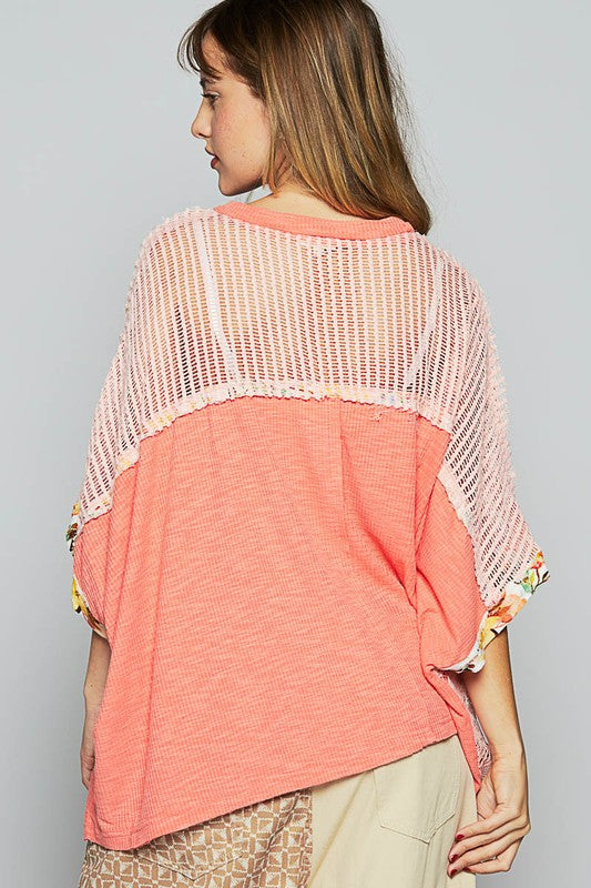 POL Coral Hollow Out Floral Half Sleeve Knit Top