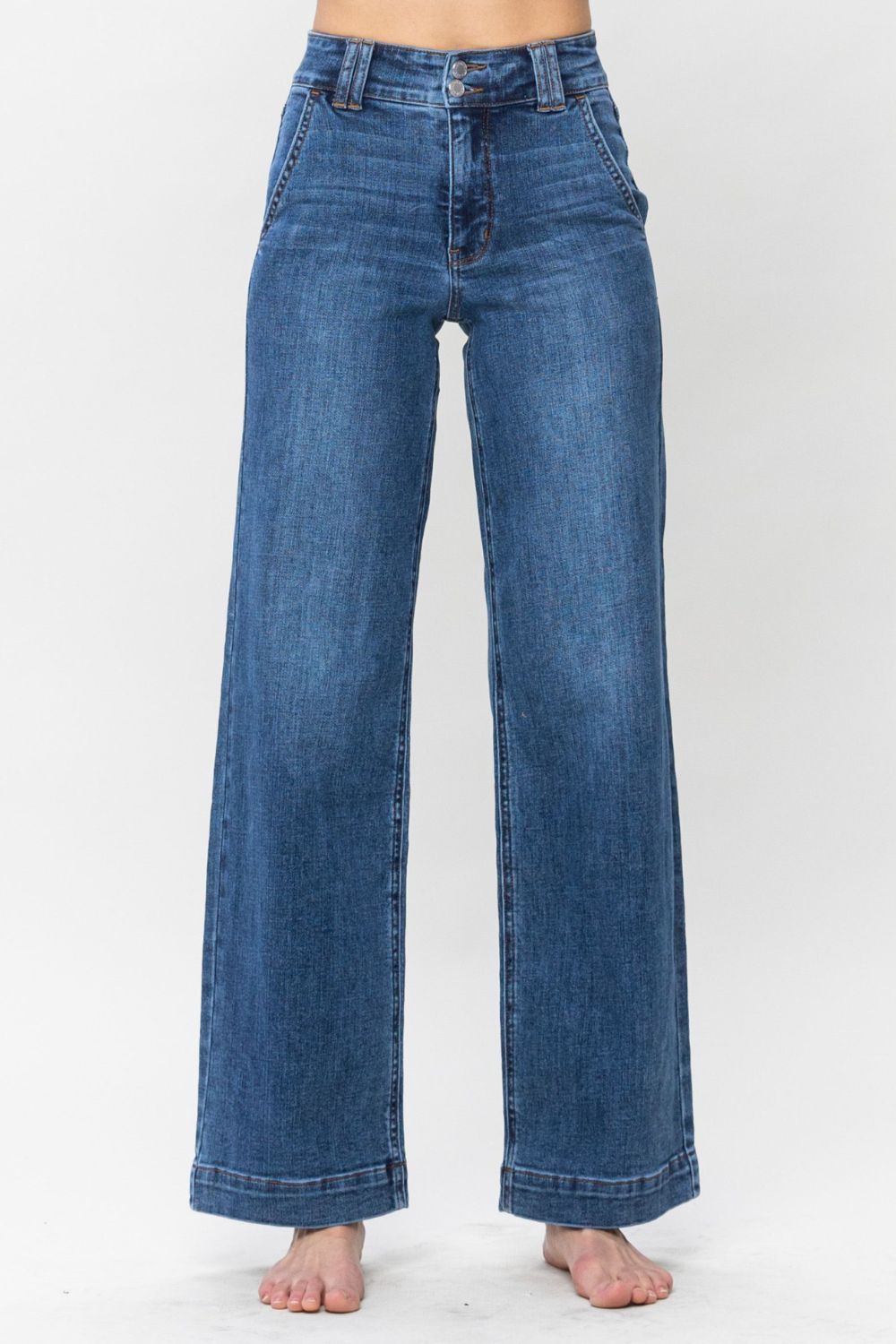 Judy Blue Double Button Wide Leg Medium Washed Jeans Medium Trendsi