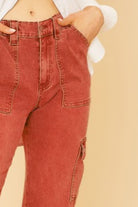 Annie Wear Mineral Red Washed Straight Leg Stretch Jeans with Cargo Pockets