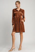 Umgee Copper Textured Tiered Collared Long Sleeve Dress Dresses